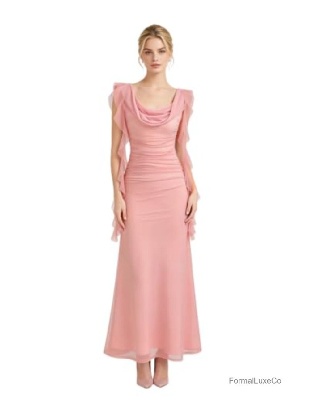 Ruched Bodycon Sleeveless Maxi Dress with Drape Neck Formal Bridesmaid Gown